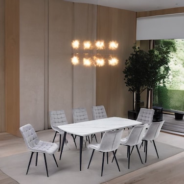 طاولة طعام سيراميك 8 كرسي أبيض - رمادي فاتح