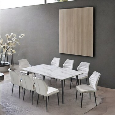 Wooden dining table with 8 chairs, white - light grey