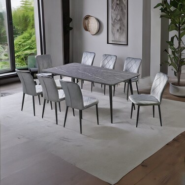Wooden dining table with 8 chairs, gray