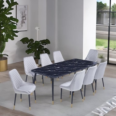 Marble dining table with 8 chairs, light gray - black