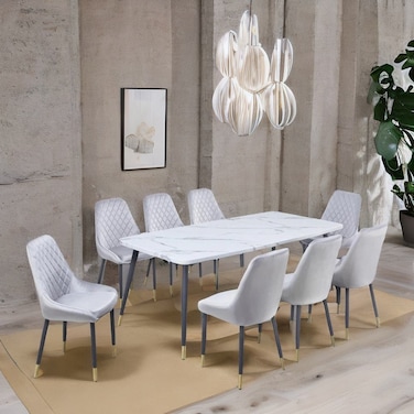 Marble dining table with 8 chairs, light gray