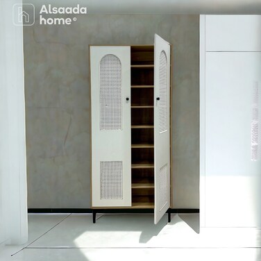 Multi-purpose shoe rack - 2 doors - white &amp; wooden - 173X80X30 cm