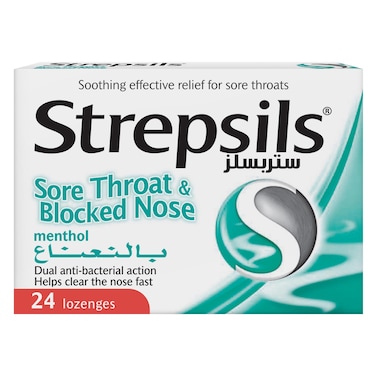 Strepsils Menthol, Soothing Effective Relief for Sore Throats &amp; Blocked Nose, 24 Lozenges