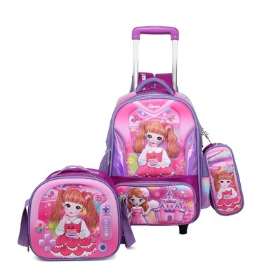 STARGOLD Baby Backpack 3Pcs For Baby Girls 1 lunch 1 Pencil Box And 1 Bag With Adjustable Strap For School 2 Wheels 12 Inch