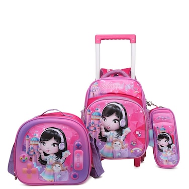 STARGOLD Baby Backpack 3Pcs For Baby Girls 1 lunch 1 Pencil Box And 1 Bag With Adjustable Strap For School 2 Wheels 12 Inch