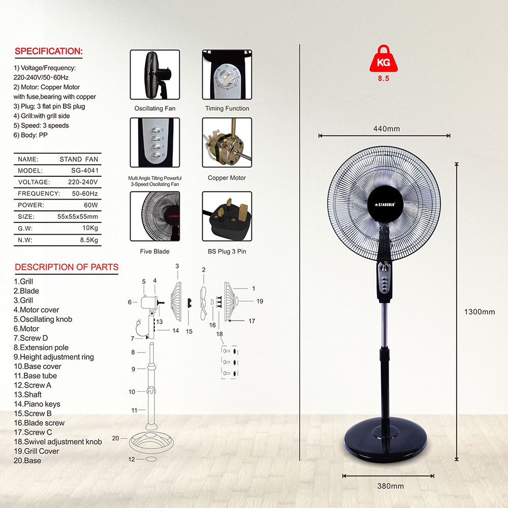 Thumbnail image for STARGOLD 16 Inch Electric Pedastal Fan 60W 3 Speeds Rotary Switcher 5 Blade Speed Controller Ideal for Office Bedroom Study Room Living Room
