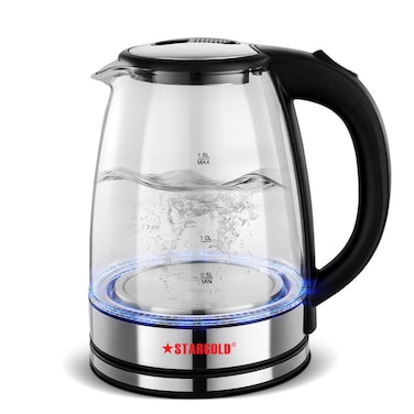 غلاية زجاجية من ستارجولد، 1500 وات، 1.8 لتر، مؤشر ضوء LED أزرق، قاعدة قابلة للدوران 360 درجة، عنصر تسخين من الفولاذ المقاوم للصدأ، أسود