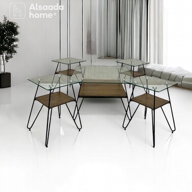 طقم طاولات خدمة سطح زجاج - 5 قطع