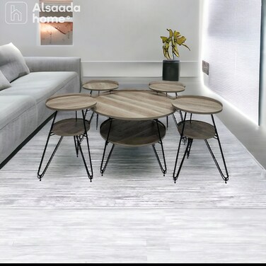 طقم طاولات خدمة سطح خشب - 5 قطع