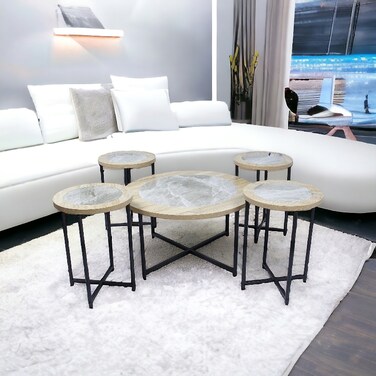 طقم طاولات قهوة 5 قطع - سيراميك & خشب