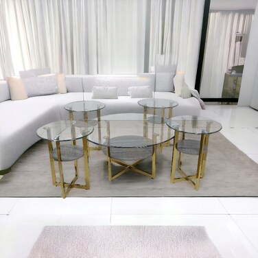 طقم طاولات خدمة سطح زجاج 5 قطع
