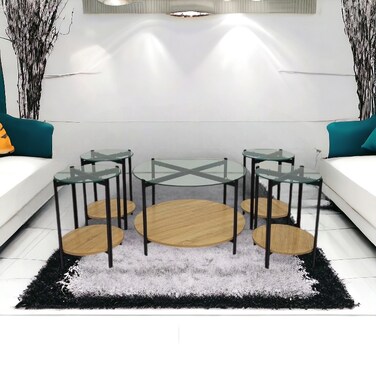 Wood + glass tea table set, 5 pieces