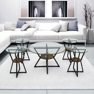 طقم طاولات شاي خشب + زجاج  5 قطع