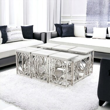 طقم طاولات شاى  رخام - 7 قطع  - فضي