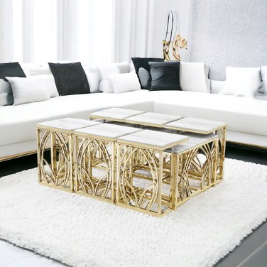 طقم طاولات شاى  رخام - 7 قطع  - ذهبي