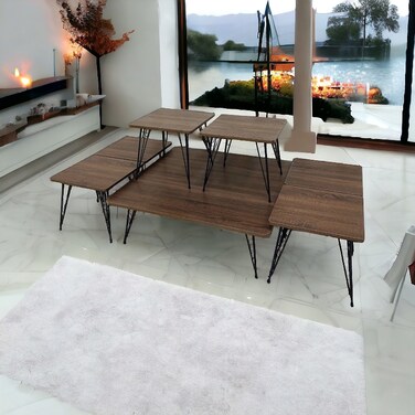 طقم طاولات قهوة 7 قطع سطح خشب