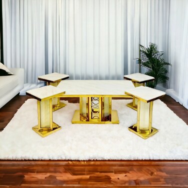 Stainless steel marble service tables set, 5 pieces - gold