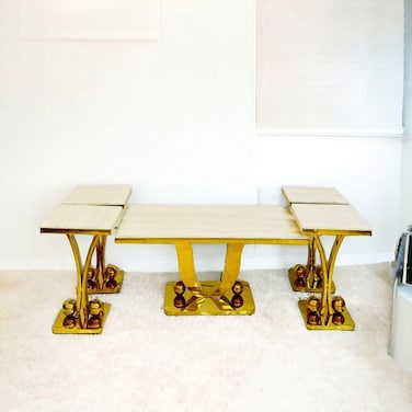 Stainless steel marble service tables set, 5 pieces - gold