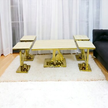 Stainless steel marble service tables set, 5 pieces - gold
