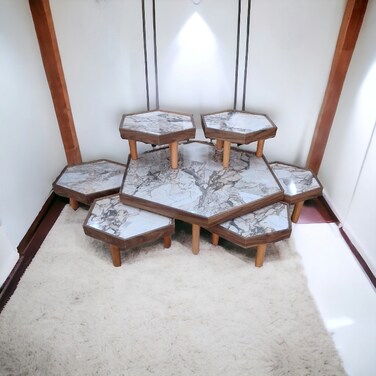 طقم طاولات قهوة ارضي 7 قطع سطح خشب