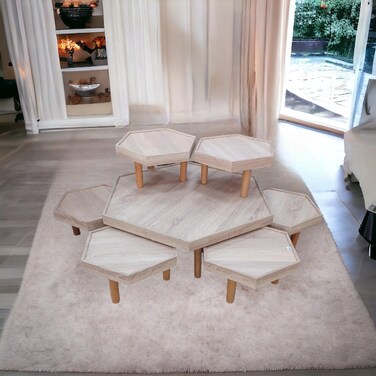 طقم طاولات قهوة ارضي 7 قطع سطح خشب