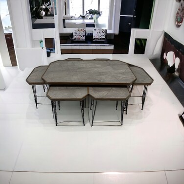 طقم طاولات قهوة 7 قطع سطح خشب