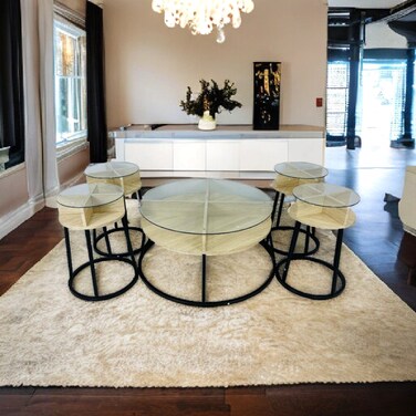 Wood + glass tea table set, 5 pieces