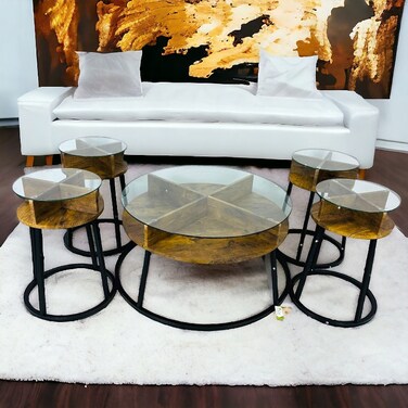 طقم طاولات شاي خشب + زجاج  5 قطع