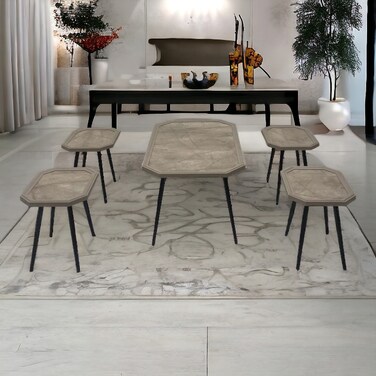 طقم طاولات قهوة 5 قطع سطح خشب