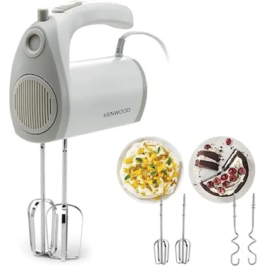 خلاط يدوي Kenwood كهربائي، 300W، 5 سرعات + زر Turbo، مع ملحقين من الفولاذ المقاوم للصدأ للعجن والخفق، للخلط والخفق والعجن، HMP20.000WH، أبيض