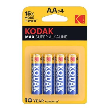بطاريات قلم AA Max طويلة الأمد Super Alkaline من كوداك 4 قطع أزرق وأصفر
