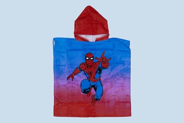 منشفة سبايدرمان للأطفال - لفافة حمام بغطاء للرأس مصنوعة من القطن 100% للأولاد - أزرق وأحمر