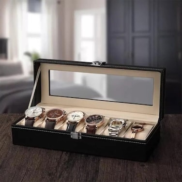1st Watch Box Organizer 6 Slots For Organizing And Displaying Watches With Glass Lid