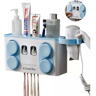 1st Toothbrush Holder And Automatic Toothpaste Dispenser With 4 Storage Cups, Installation Without Drilling Or Tools