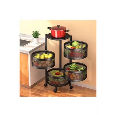 سلة خضار للمطبخ دائرية 4 أرفف مع عجلات - أسود