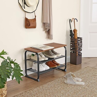1st Shoe Rack With 2 Mesh Shelves And Round Iron Frame In Rustic Design - Brown