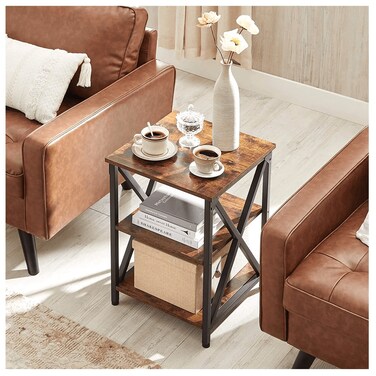 1st Sofa Side Table With 3 Open Storage Shelves With Metal Frame And X Design
