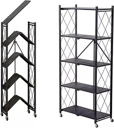 1st Foldable Kitchen Storage Rack With Lockable Wheels, 5 Shelves, Black
