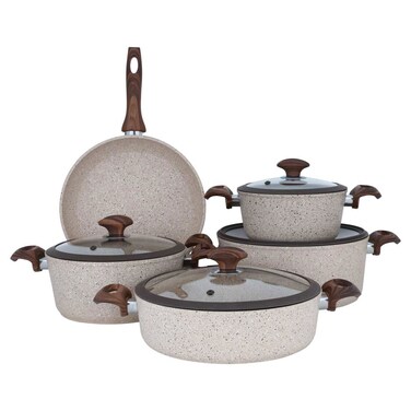 Alsaif Gallery Turkish Granite Cookware Set, Light Brown, With Wooden Handle And Glass Lid, 9 Pieces