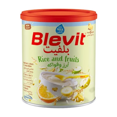 Blevit Plus Baby Cereal with Milk - Rice and Fruits - 300g - Contains 15 Vitamins and Minerals, High in Calcium, Iron, Vitamin D, Vitamin C, and Zinc, Gluten-Free, No Palm Oil, Source of Fiber and Prebiotics.