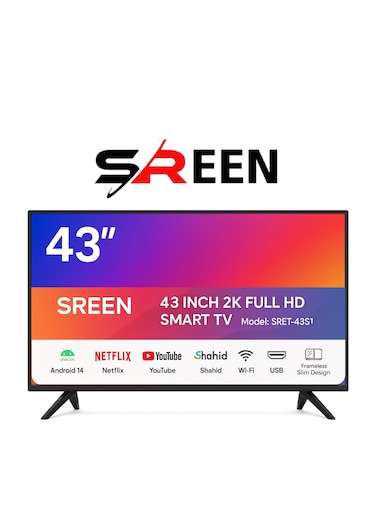 سرين تلفزيون ذكي بشاشة 43 بوصة، يعمل بنظام أندرويد 14 - دقة عالية كاملة (1920×1080)، تصميم نحيف بدون إطار، منافذ HDMI وUSB، ذاكرة رام 1 جيجابايت + سعة تخزين 8 جيجابايت، طراز SRET-43S1