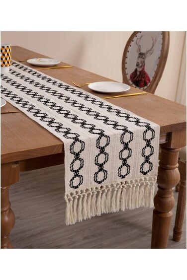 Excefore Farmhouse Table Runners 72 Inches Long Braided Stripe Boho Design,Black and White with Tas