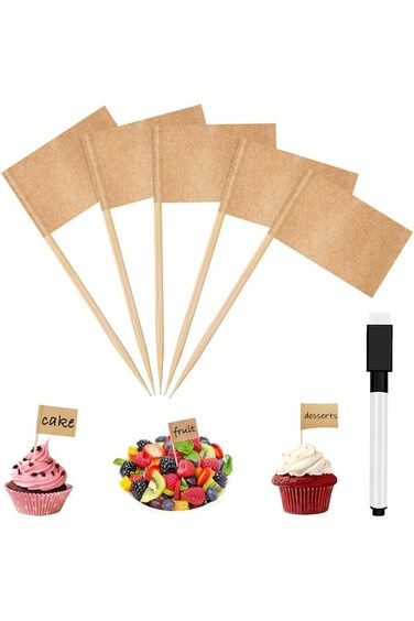 أعلام Goodern Blank من أعواد الأسنان، 100 قطعة من ملصقات الطعام الورقية مع قلم، أعلام علامات الكيك ذات الوجهين، Mi