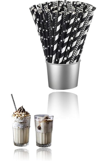 Sweet seven 100-pack Biodegradable Black Paper Straws - Stars, Dots, Stripes, and Waves - Perfect f