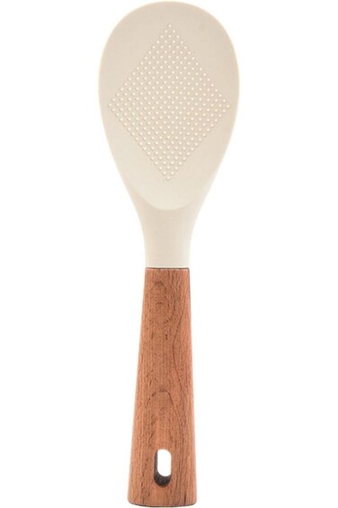 Oasisgalore Wooden Handle Silicone Rice Spoon Kitchen Utensils Rice Cooker Rice Spoon Can Stand Sil