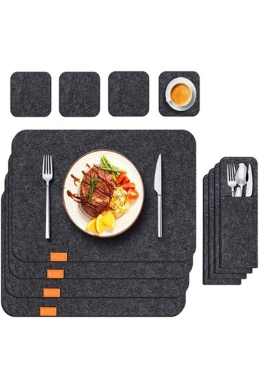 مفارش طعام، مفارش طعام من القماش اللبادي، مجموعة من 8 مفارش طعام مقاومة للحرارة مع حقيبة شوكة، مفارش طاولة لتناول الطعام
