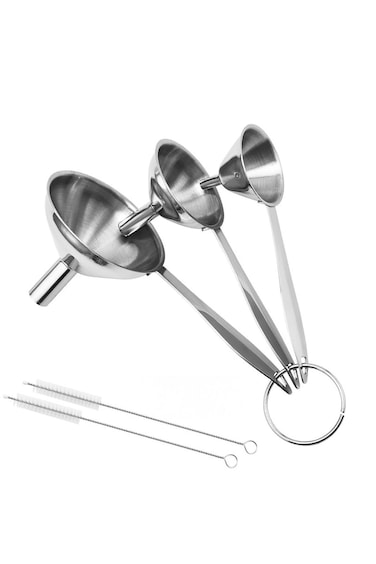 ALMEKAQUZ Stainless Steel Funnel Set, 3 Sizes With Long Handle and Brush for Kitchen, Bottles, Liqu