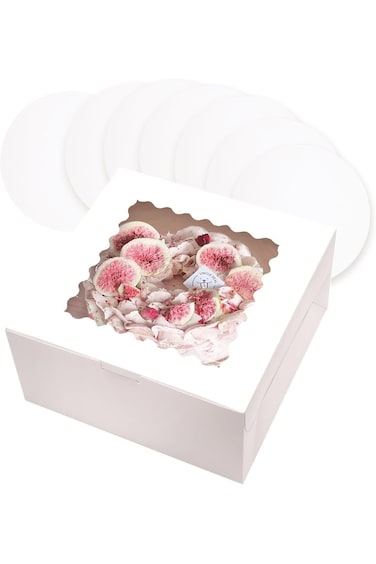 ENJOYLEX 25.4x25.4x12.7cm Cake Box, 5 Sets White Cake Box with Window ＆ 5 Sets 25.4cm White Cake Ro