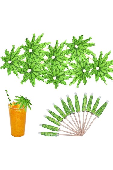 ELECDON 50pcs Drink Umbrellas Picks, Handmade Green Coconut Palm Tree Parasol Fruit Sticks For Drin