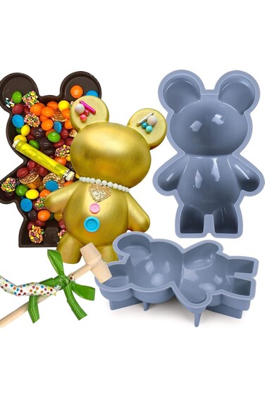 SYOSI 3D Teddy Bear Chocolate Silicone Molds, 2pcs Soft Mold With Hammer for Smash Bears, Candy, Mo